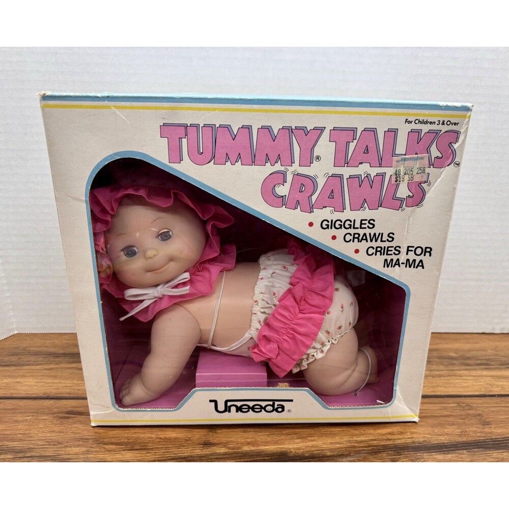 UNEEDA 'Tummy Talks Crawls” Doll Giggles, Crawls, Calls For Ma-Ma In Box 1980’s